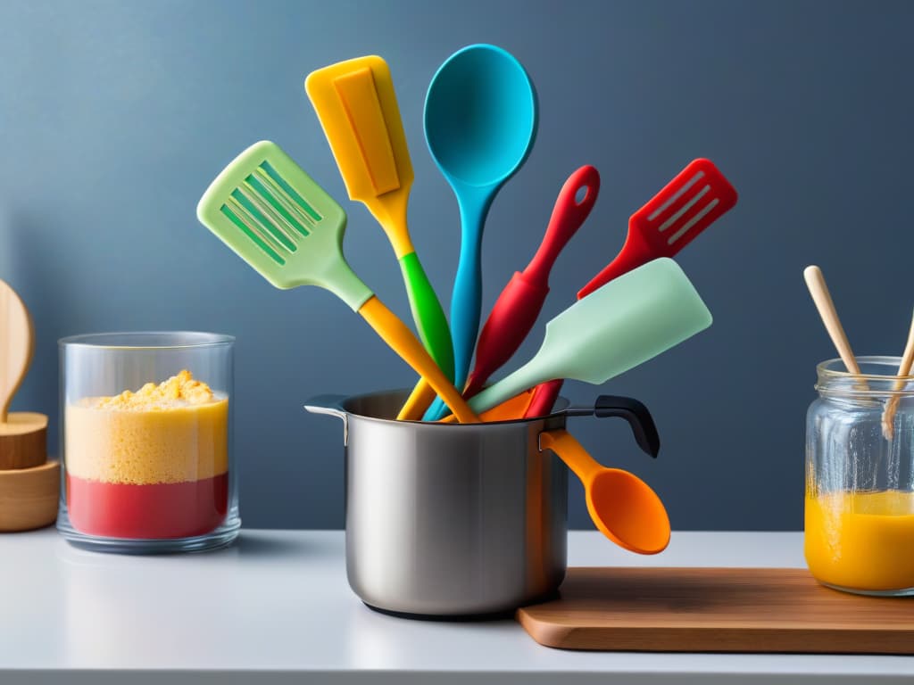  A highresolution, ultradetailed image featuring an array of colorful silicone spatulas neatly arranged on a sleek, modern kitchen countertop. Each spatula is uniquely designed with different patterns and vibrant shades, showcasing their versatility and appeal to baking enthusiasts. The clean, minimalistic background enhances the focus on the spatulas, emphasizing their importance in the art of baking and adding a visually appealing element to the article. hyperrealistic, full body, detailed clothing, highly detailed, cinematic lighting, stunningly beautiful, intricate, sharp focus, f/1. 8, 85mm, (centered image composition), (professionally color graded), ((bright soft diffused light)), volumetric fog, trending on instagram, trending on tumblr, HDR 4K, 8K