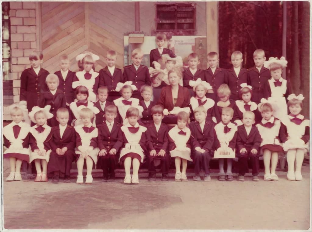  This photo was taken on September 1st 1986, exactly 128 days, or 4 months and 4 days, after the Chernobyl catastrophe took place. It captures my first day at in Gomel, Belarus. I had just turned that summer. In the photo, one can see my clmates and our teacher. Some are standing with their arms hanging beside their bodies, while others are seated on a low bench with their hands neatly placed on their . The students are arranged in three lines: 10 in the 3rd (top) back line, 9 in the 2nd (middle) line, and 13 in the 1st front line, totaling 32 students. There are 17 boys and 15 s, distinguished by the dress code. My friend Genadi is 4th from the right in the 3rd (top) line. I am seated in the very center of the