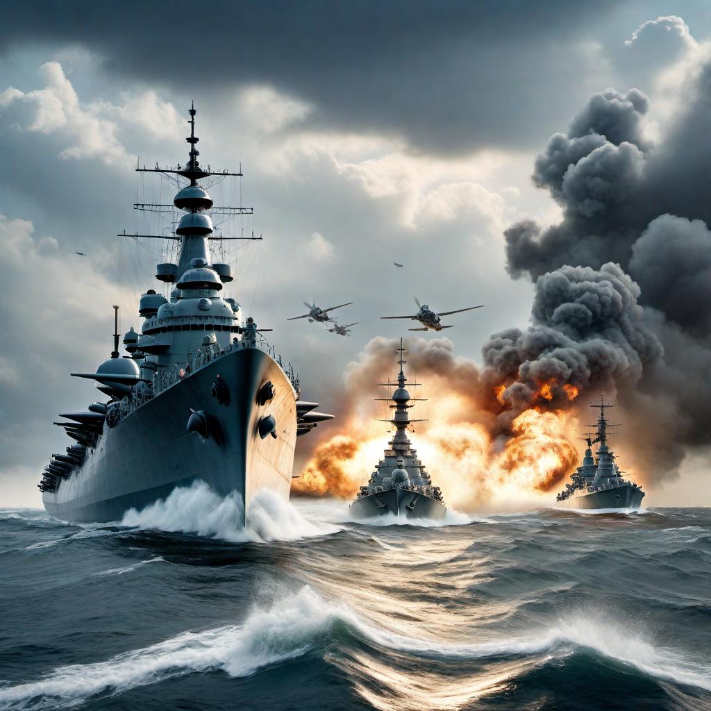  Create cover art for a book about World War Two battleships featuring a dramatic ocean scene with battleships at sea, a cloudy sky, and a sense of intensity and historical significance. hyperrealistic, full body, detailed clothing, highly detailed, cinematic lighting, stunningly beautiful, intricate, sharp focus, f/1. 8, 85mm, (centered image composition), (professionally color graded), ((bright soft diffused light)), volumetric fog, trending on instagram, trending on tumblr, HDR 4K, 8K