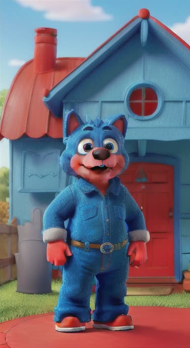  {Max the big blue dog standing in front of a cozy little house with a red door, The big blue dog is large with sky blue fur, big round eyes, a black nose, and floppy ears.