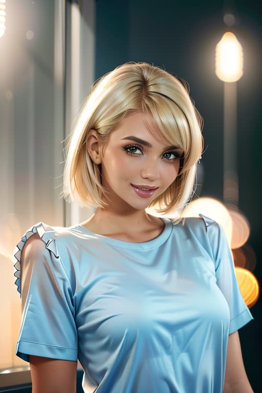  1girl,1girl,blonde short hair,straight hair,upper body shot,shirt,smile hyperrealistic, full body, detailed clothing, highly detailed, cinematic lighting, stunningly beautiful, intricate, sharp focus, f/1. 8, 85mm, (centered image composition), (professionally color graded), ((bright soft diffused light)), volumetric fog, trending on instagram, trending on tumblr, HDR 4K, 8K