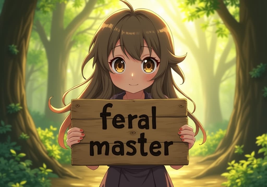  good quality, high quality, an anime style girl with bright, large expressive eyes, holding a wooden signboard that reads 'feral master'. she stands confidently with flowing hair, wearing a simple, yet elegant outfit. the background is a glowing fantasy forest with dappled sunlight. the scene has smooth animation, high detail, and cinematic lighting