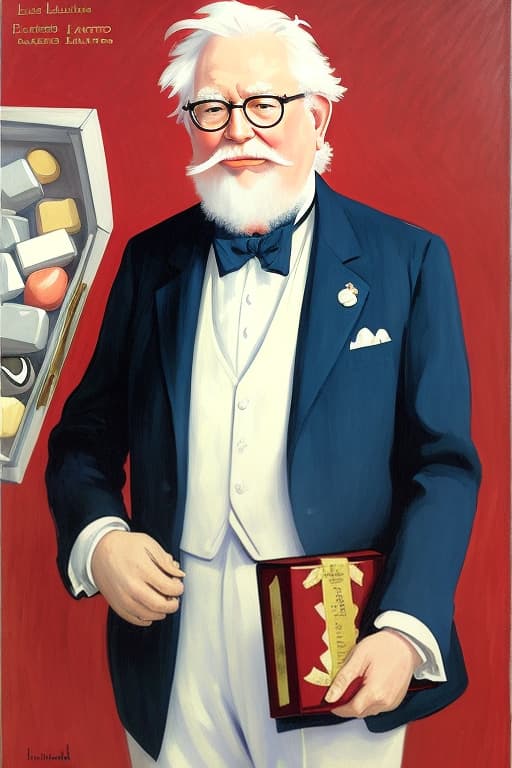  Colonel Harland Sanders wearing a white suit with bow tie holding a box of fine chocolates. Painted in the style of Édouard Manet