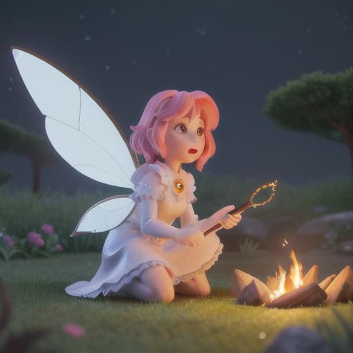  Create an image emphasizing a scene under a twinkling starlight night sky where a fairy and animals are gathered around a campfire. The central figure should be the fairy with wings and eyes sparkling in the starlight. The background should be less prominent but still present, showing the dark night sky ablaze with shimmering stars and featuring a quietly burning campfire. Ensure the scene overpowers the background slightly for balanced composition., best quality, very detailed, high resolution, sharp, sharp image, extremely detailed, 4k, 8k, in-frame hyperrealistic, full body, detailed clothing, highly detailed, cinematic lighting, stunningly beautiful, intricate, sharp focus, f/1. 8, 85mm, (centered image composition), (professionally color graded), ((bright soft diffused light)), volumetric fog, trending on instagram, trending on tumblr, HDR 4K, 8K