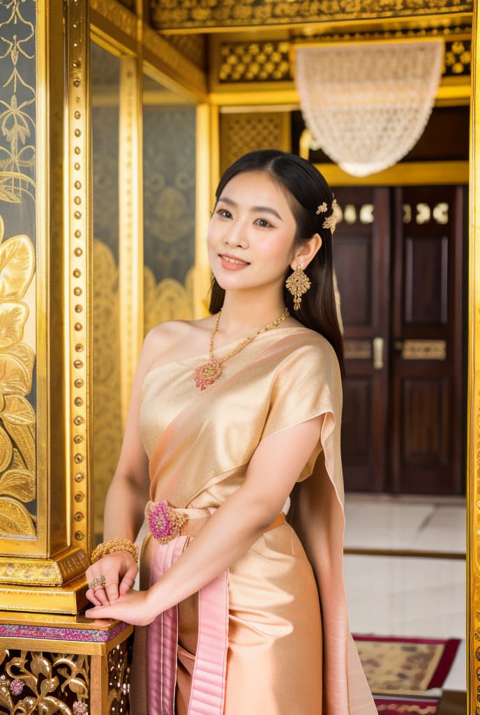  DIGITAL LAI THAI CRYSTAL ART, A CLOSE UP OF OF BEAUTIFUL GIRL, LONG HAIR, WEARS A TRADITIONAL ANCIENT LAI THAI DRESS PINK COLOUR, FULL OPTION OF JEWELRY, GOLD SHOES, BEAUTIFUL ANCIENT THAI HOME, BOGEH BACKGROUND, sabai,jewelry,thailand tradition dress ADVERTISING PHOTO,high quality, good proportion, masterpiece , The image is captured with an 8k camera