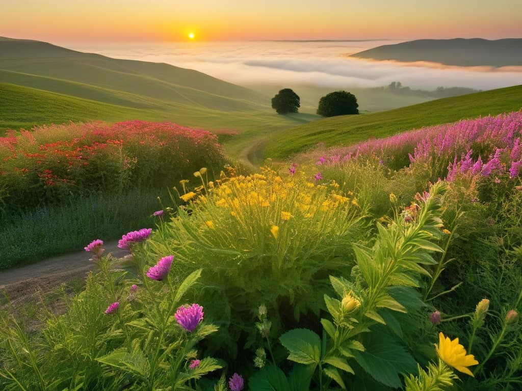  A closeup, photorealistic image of a lush green field with vibrant wildflowers in various hues of pink, purple, and yellow. The sun is setting in the background, casting a warm golden glow over the scene, highlighting the delicate petals and intricate details of the flowers. Bees are buzzing around, collecting nectar, adding a sense of life and movement to the tranquil setting. The image conveys a sense of natural beauty, freshness, and sweetness, perfectly capturing the essence of natural sweeteners in contrast to artificial ones. hyperrealistic, full body, detailed clothing, highly detailed, cinematic lighting, stunningly beautiful, intricate, sharp focus, f/1. 8, 85mm, (centered image composition), (professionally color graded), ((bright soft diffused light)), volumetric fog, trending on instagram, trending on tumblr, HDR 4K, 8K