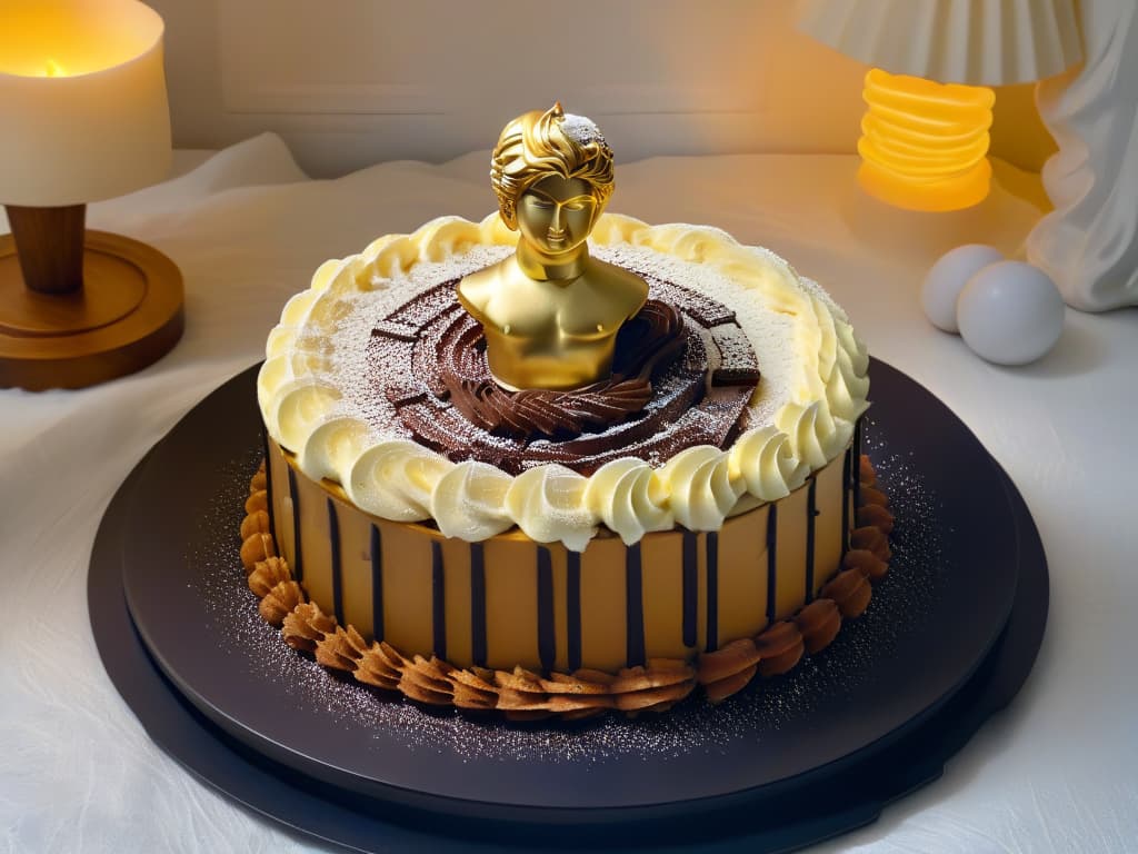  A highresolution image of a decadent tiramisu dessert creatively crafted to resemble Michelangelo's famous statue of David, with intricate details like white chocolate drizzle depicting the statue's features, set on a glossy black plate against a soft focus background of a Renaissanceinspired dining room with warm lighting and elegant decor. hyperrealistic, full body, detailed clothing, highly detailed, cinematic lighting, stunningly beautiful, intricate, sharp focus, f/1. 8, 85mm, (centered image composition), (professionally color graded), ((bright soft diffused light)), volumetric fog, trending on instagram, trending on tumblr, HDR 4K, 8K