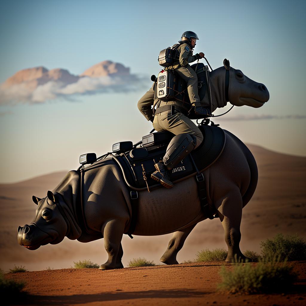 Man with jetpack ""riding a hippopotamus""  mars, steampunk, hippopotamus , hyperrealistic, high quality, highly detailed, cinematic lighting, intricate, sharp focus, f/1. 8, 85mm, (centered image composition), (professionally color graded), ((bright soft diffused light)), volumetric fog, trending on instagram, HDR 4K, 8K