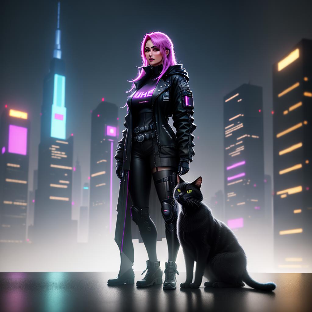  ((masterpiece)), (((best quality))), 8k, high detailed, ultra-detailed. A realistic style cyberpunk cityscape with skyscrapers, neon lights, rain, and a black cat on the rooftop hyperrealistic, full body, detailed clothing, highly detailed, cinematic lighting, stunningly beautiful, intricate, sharp focus, f/1. 8, 85mm, (centered image composition), (professionally color graded), ((bright soft diffused light)), volumetric fog, trending on instagram, trending on tumblr, HDR 4K, 8K