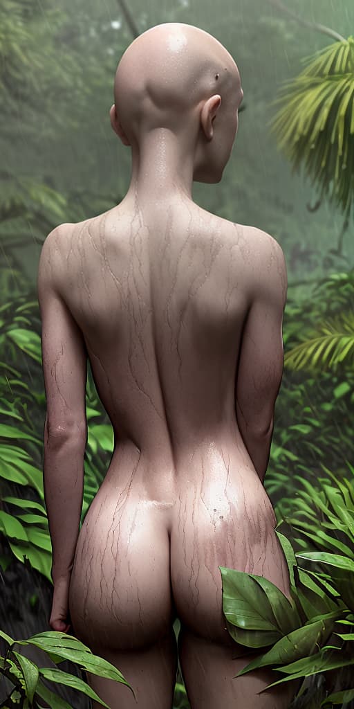  bald-girl, naked, dirty, back, in the jungle, rain