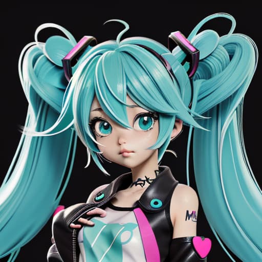  miku Hatsune. hair in a bang hairstyle. tinycore. cute cartoonishe designs. a digital illustration. kawaii punk.