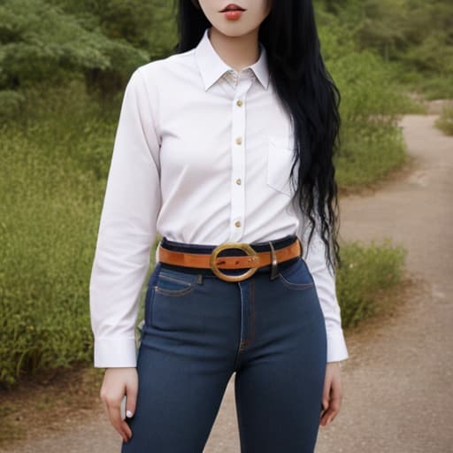  oriental girl  long black hair she in dark deep blue jeans with belt and classic white shirt nature east ornament make