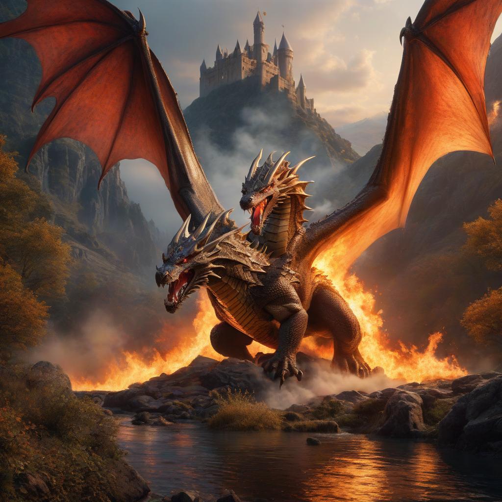  The enormous fire breathing dragon opened its mouth and released a column of fire on the knight, in front of the dragon the knight defended himself with a sword against the stream of flames, around the mountain of gold, the dark castle, the imposing arches. 8k hyperrealistic, full body, detailed clothing, highly detailed, cinematic lighting, stunningly beautiful, intricate, sharp focus, f/1. 8, 85mm, (centered image composition), (professionally color graded), ((bright soft diffused light)), volumetric fog, trending on instagram, trending on tumblr, HDR 4K, 8K