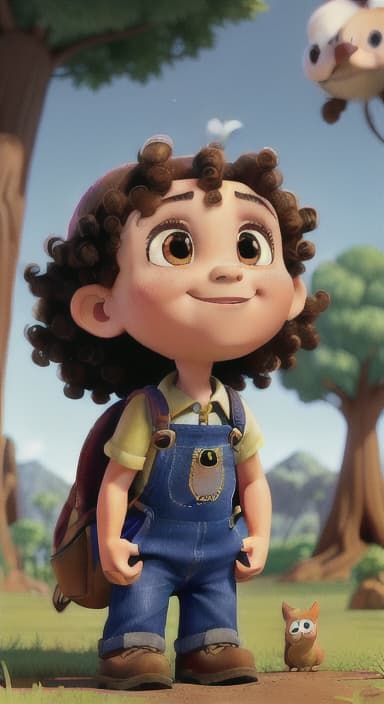  {Riley looking up at the tree with a big smile, animals surrounding them., Riley, a curious with big brown eyes and curly hair, wearing overalls and carrying a small backpack. Their friend, Skye, a bluebird with shiny feathers.