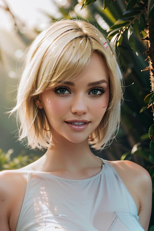  1girl,1girl,blonde short hair,straight hair,upper body shot,shirt,smile hyperrealistic, full body, detailed clothing, highly detailed, cinematic lighting, stunningly beautiful, intricate, sharp focus, f/1. 8, 85mm, (centered image composition), (professionally color graded), ((bright soft diffused light)), volumetric fog, trending on instagram, trending on tumblr, HDR 4K, 8K