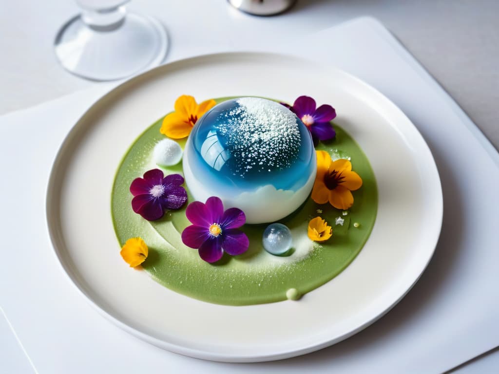  An intricate molecular gastronomy dessert presented on a sleek, modern plate. The dessert consists of transparent spheres filled with colorful liquids, a cloud of flavored foam, and delicate edible flowers, all meticulously arranged to create a visually stunning and innovative culinary masterpiece. The background is a soft focus, highlighting the intricate details of the dessert and emphasizing the artistry and precision of molecular gastronomy techniques. hyperrealistic, full body, detailed clothing, highly detailed, cinematic lighting, stunningly beautiful, intricate, sharp focus, f/1. 8, 85mm, (centered image composition), (professionally color graded), ((bright soft diffused light)), volumetric fog, trending on instagram, trending on tumblr, HDR 4K, 8K