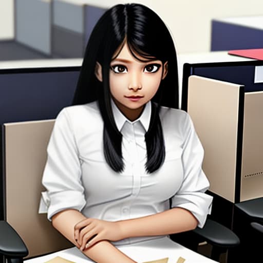  An Indian is a chair in the office, wearing white shirts, her hair is black, her eyes are brown, her name is Junki Rajwan, she is 2