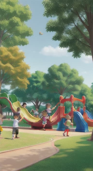  {Children playing in a sunny park with swings and slides., Same group of happy children, now wearing casual play clothes.