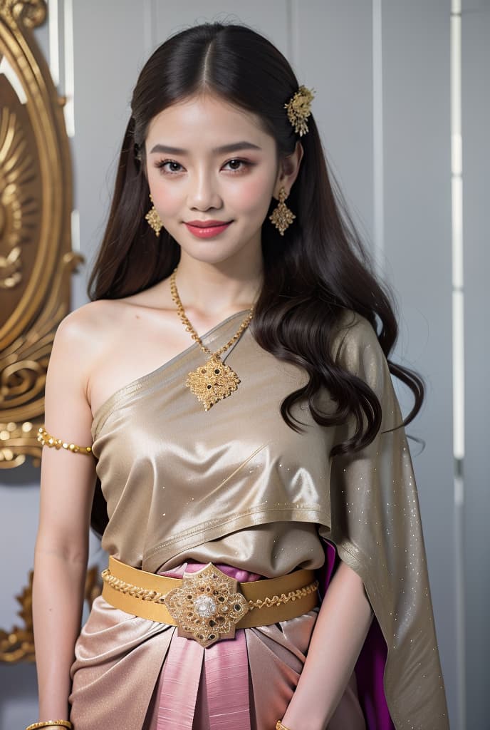  girl,smile,long hair, sabai,jewelry,thailand tradition dress ADVERTISING PHOTO,high quality, good proportion, masterpiece , The image is captured with an 8k camera