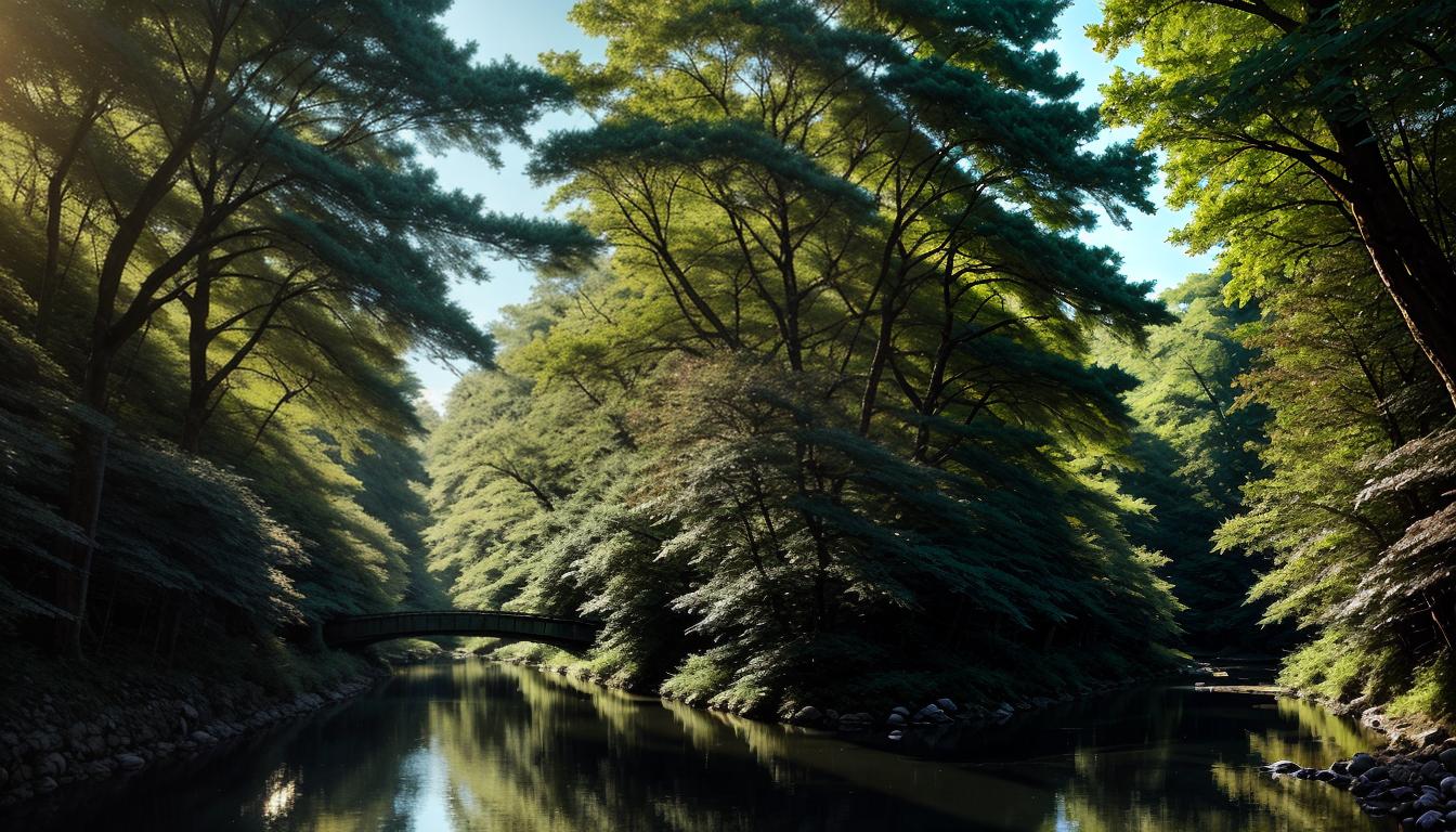  Retro anime aesthetics, retro futuristic Image needed, metaphorical scene, a winding river flowing through a dense forest, gentle sunlight filtering through the trees, river reflects the light, journey, tranquility, natural flow, 4k, HDR, lens flare