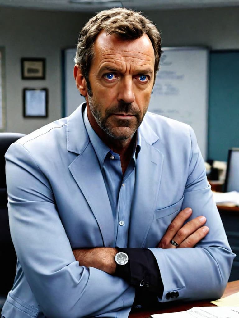  3D anime rendering of Dr. Gregory House from the TV series 'House M.D.'. The character resembles actor Hugh Laurie, with his signature stubble, piercing blue eyes, and slightly disheveled hair. He is wearing his usual outfit: a wrinkled blazer, a graphic t shirt underneath, and jeans. The scene is set in his office, with a cluttered desk, medical equipment, and the iconic whiteboard with medical notes in the background. Dr. House is holding a cane and has a thoughtful, yet slightly cynical expression on his face. hyperrealistic, full body, detailed clothing, highly detailed, cinematic lighting, stunningly beautiful, intricate, sharp focus, f/1. 8, 85mm, (centered image composition), (professionally color graded), ((bright soft diffused light)), volumetric fog, trending on instagram, trending on tumblr, HDR 4K, 8K