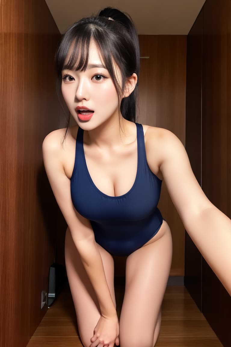  (masterpiece:1.3), (8k, photorealistic, RAW photo, best quality: 1.4), (realistic face), realistic eyes, (realistic skin), beautiful skin, (perfect body:1.3), (detailed body:1.2), ((((masterpiece)))), best quality, very_high_resolution, ultra-detailed, in-frame, beautiful, stunning, Natsuko Tatsumi look-alike, front view, almond eyes, long eyelashes, gal makeup, ponytail, wide open mouth with a scream, very long tongue out forward, tight navy blue one-piece swimsuit, U-neck, cleavage, amazing bust, reaching out, hotel shower room, spreading legs, kneeling down, intertwining legs, elegant and serious, suit shop clerk, ultra high res, ultra realistic, highly detailed, soft lightning, golden ratio