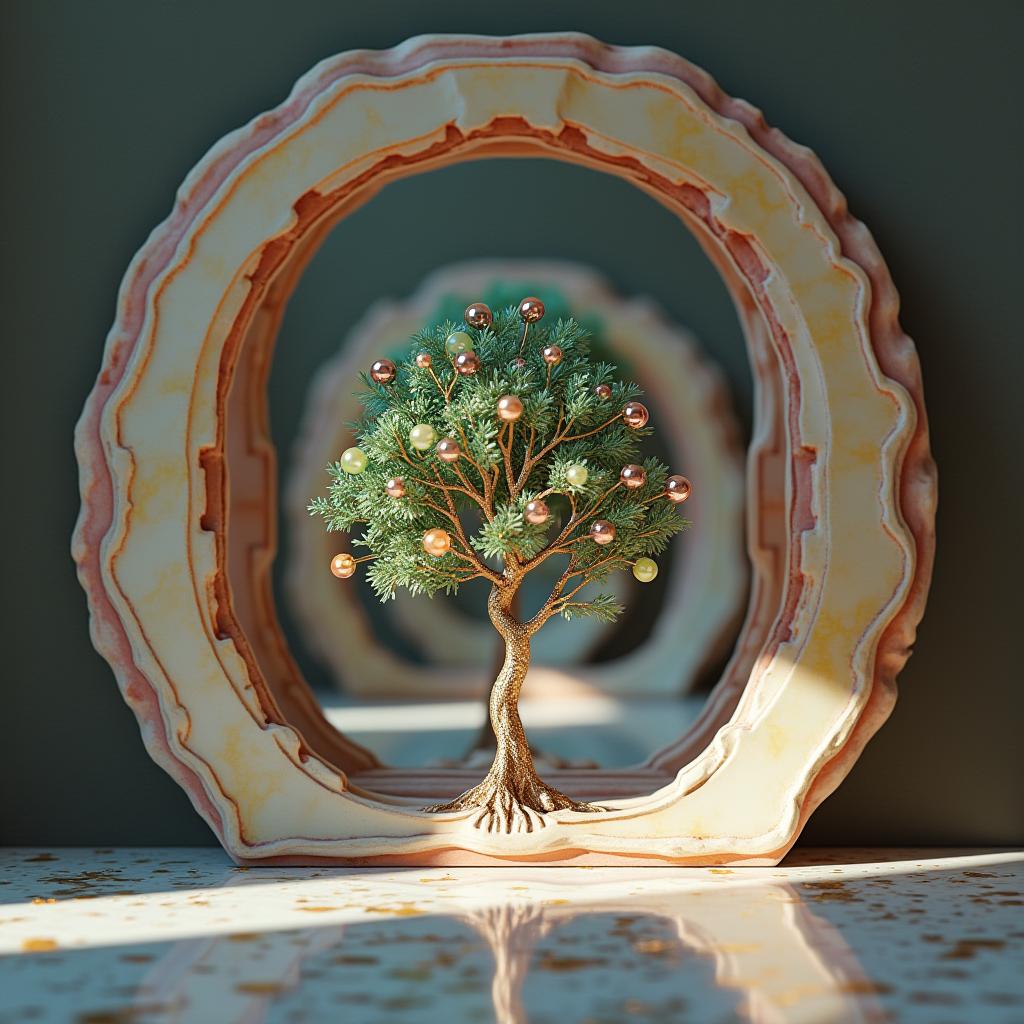  good quality, high quality, create a hyper realistic photograph depicting an optical illusion with a recursive, never ending effect. the scene should include a beautiful gem tree sitting in front of a mirror within a room. inside the mirror, a smaller mirror reflects the little gem tree again, creating a series of progressively smaller reflections that appear to go on infinitely. the background should enhance the contrast of the gem tree, and the mirrors should have noticeable, colorful frames to distinguish them from each other. the illusion should evoke a sense of depth and continuity. (subject is repeated 3 times and color option once)