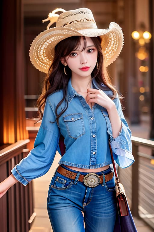  (:1.4), Cow , long wavy , wild west, cowboy hat, western town, jeans, masterpiece, (detailed face), (detailed clothes), f/1.4, ISO 200, 1/160s, 4K, unedited, symmetrical balance, in-frame, masterpiece, perfect lighting, (beautiful face), (detailed face), (detailed clothes), 1 , (woman), 4K, ultrarealistic, unedited, symmetrical balance, in-frame