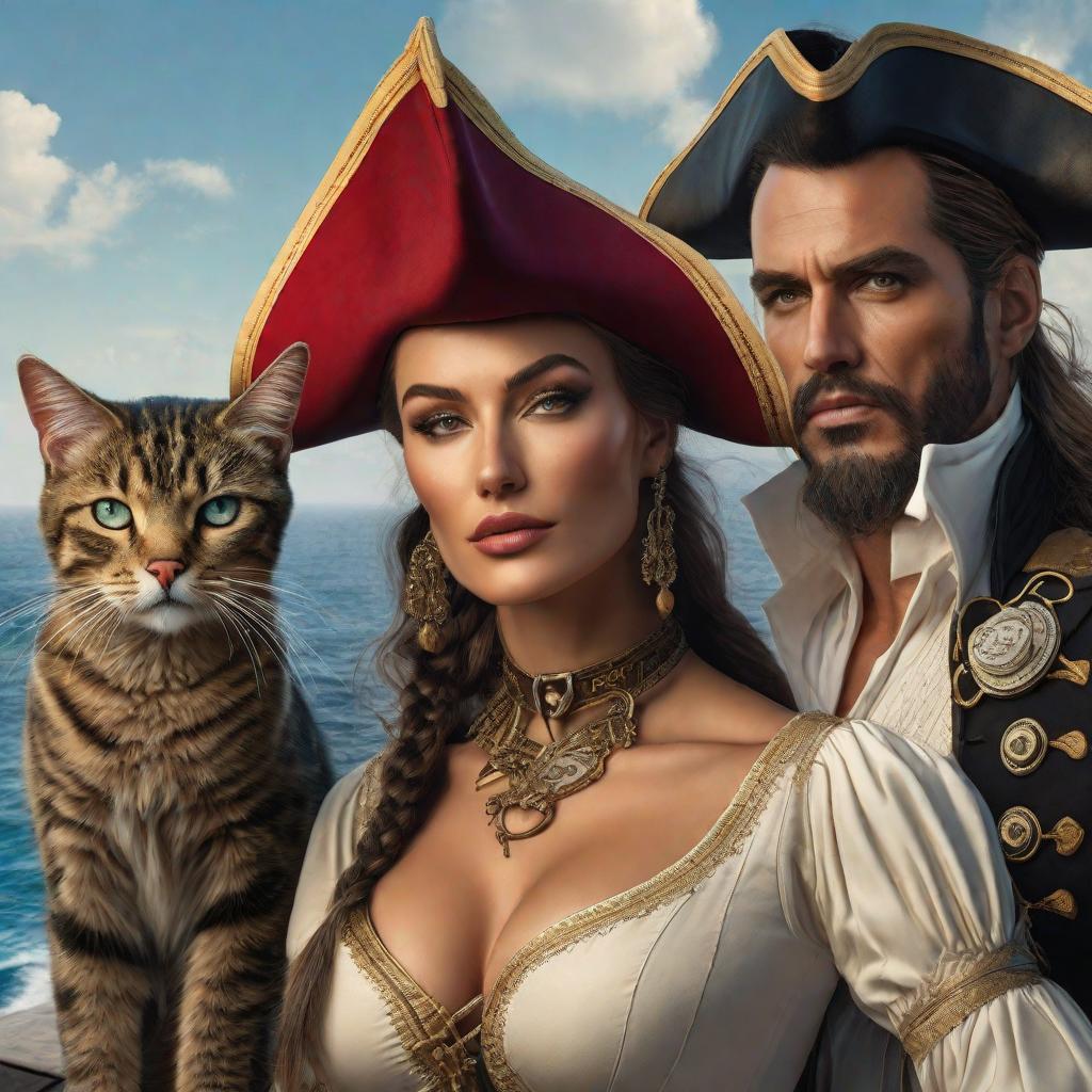  GATITOS HUMANOIDES ESTILO PIRATAS DEL CARIBE, realistic, portrait, art by donato giancola and greg rutkowski, realistic face, digital art, trending on artstation hyperrealistic, full body, detailed clothing, highly detailed, cinematic lighting, stunningly beautiful, intricate, sharp focus, f/1. 8, 85mm, (centered image composition), (professionally color graded), ((bright soft diffused light)), volumetric fog, trending on instagram, trending on tumblr, HDR 4K, 8K