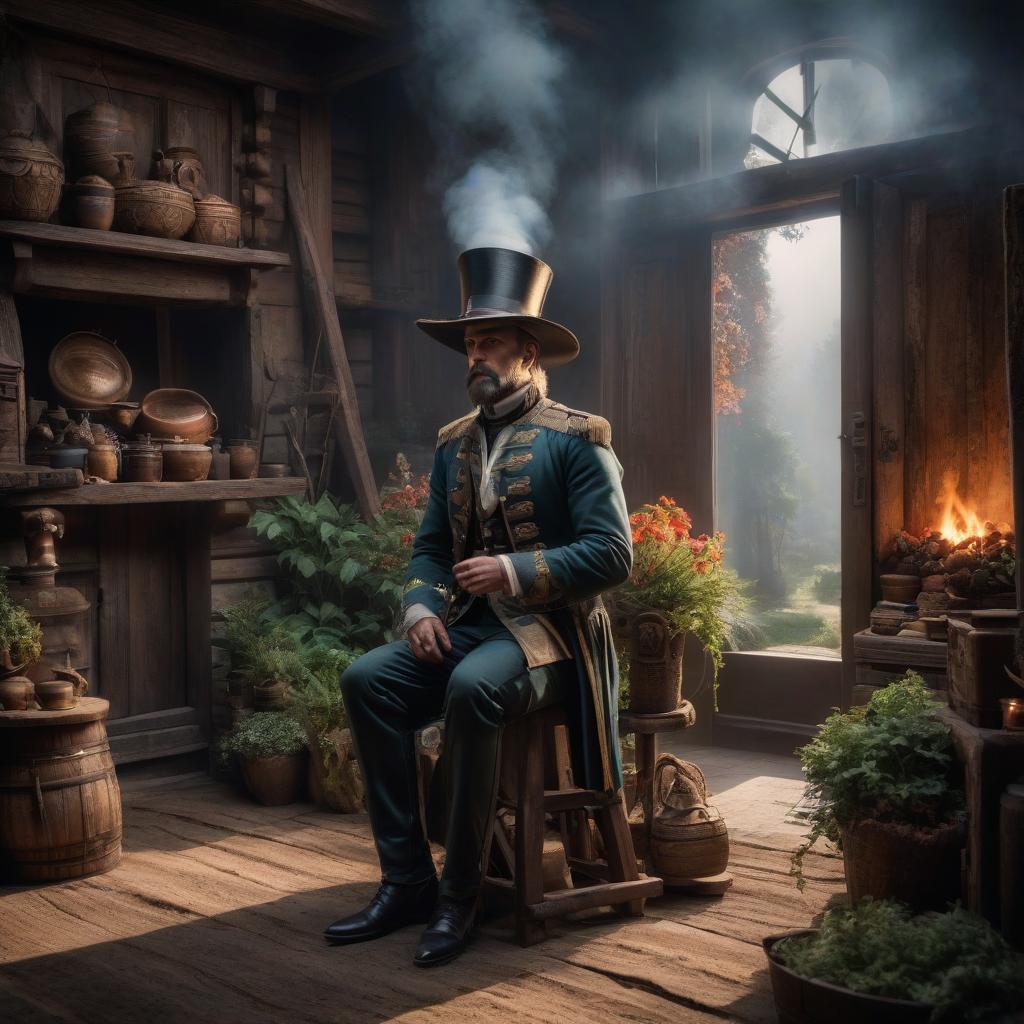  Deputy Carlo in a fartuch, with a stalked hat, and Burato, the wooden boy with a long nose, sit on stools by a door with a carved hearth. hyperrealistic, full body, detailed clothing, highly detailed, cinematic lighting, stunningly beautiful, intricate, sharp focus, f/1. 8, 85mm, (centered image composition), (professionally color graded), ((bright soft diffused light)), volumetric fog, trending on instagram, trending on tumblr, HDR 4K, 8K