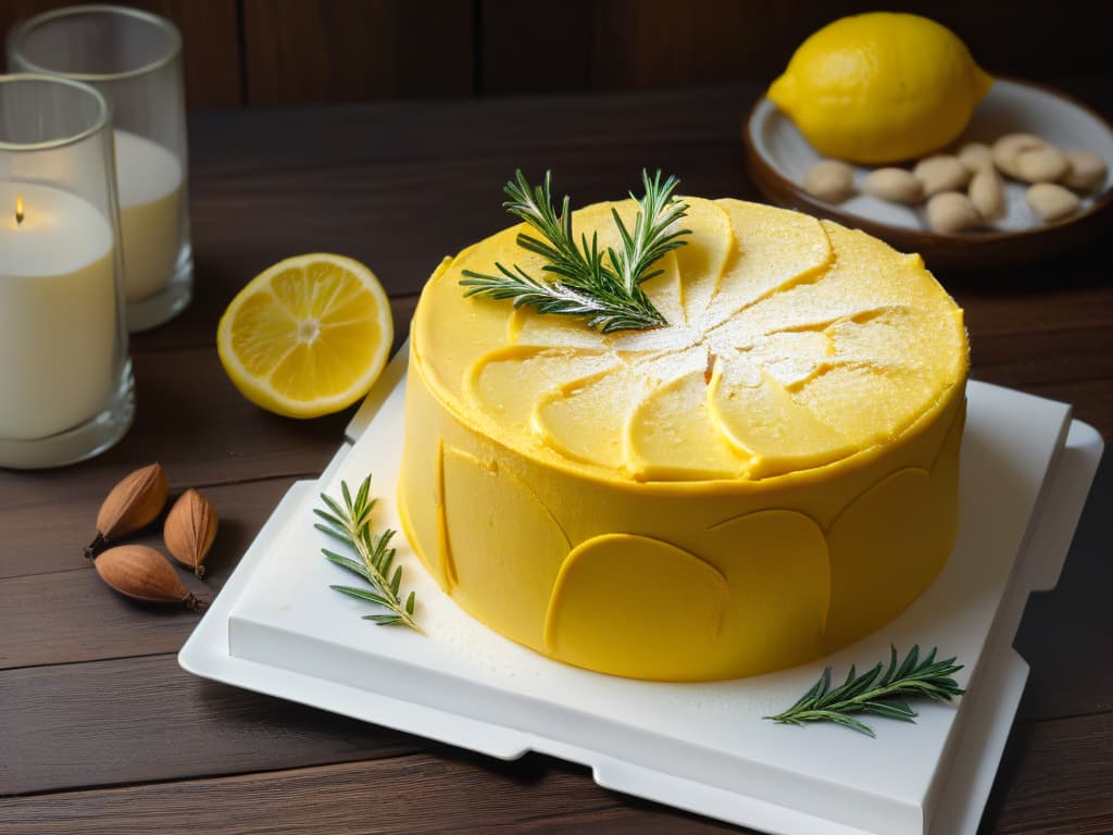  A closeup, ultradetailed image of a perfectly baked glutenfree lemon almond cake, showcasing a goldenbrown crust with a delicate crumb structure. The cake sits on a rustic wooden table, adorned with a few scattered lemon slices and sprigs of fresh rosemary, evoking a sense of elegance and sophistication. The lighting is soft and natural, highlighting the texture and color variations of the cake, making it a visually captivating and appetizing image that complements the article's focus on glutenfree baking techniques for achieving satisfying textures. hyperrealistic, full body, detailed clothing, highly detailed, cinematic lighting, stunningly beautiful, intricate, sharp focus, f/1. 8, 85mm, (centered image composition), (professionally color graded), ((bright soft diffused light)), volumetric fog, trending on instagram, trending on tumblr, HDR 4K, 8K