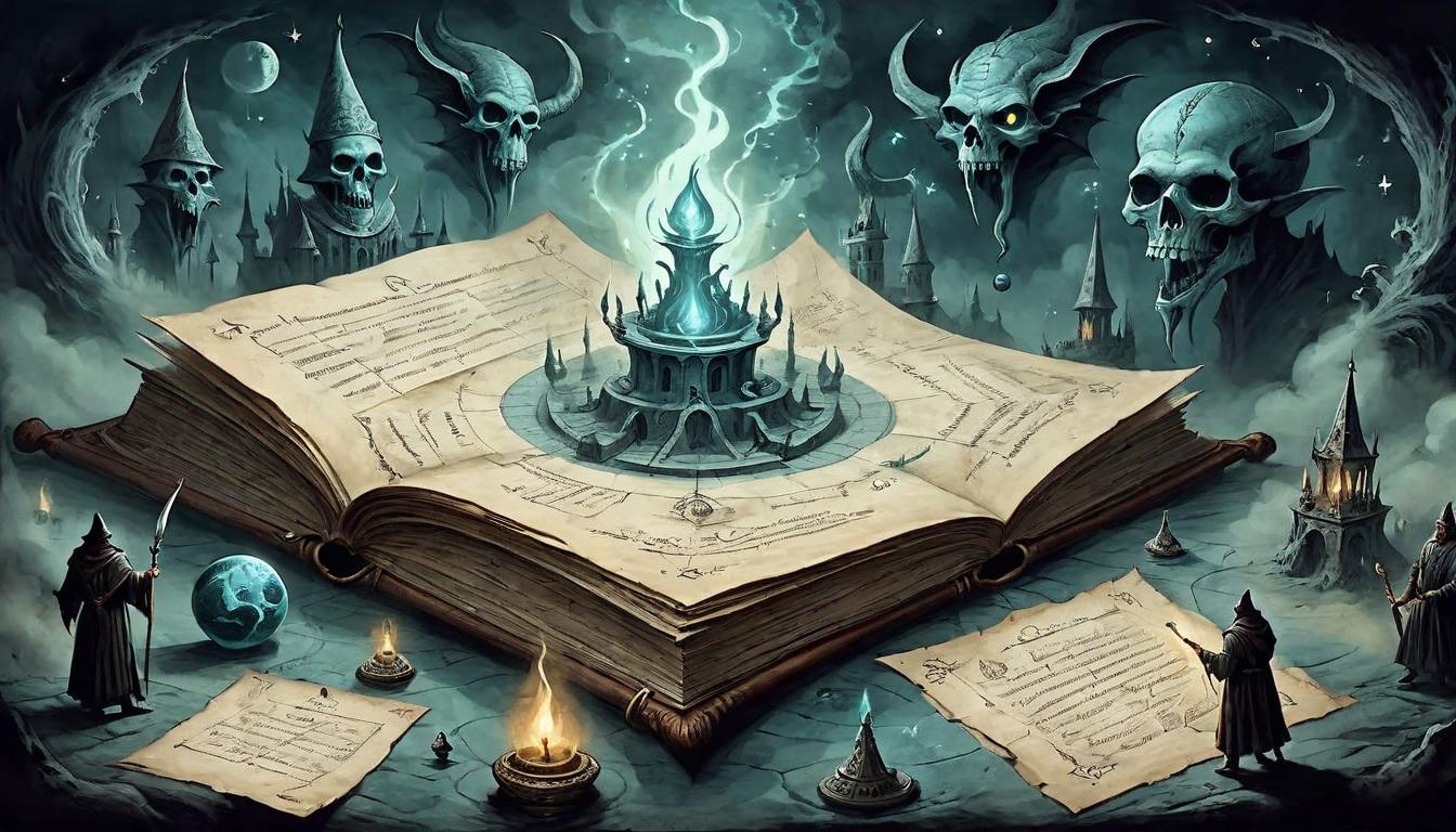  on parchment, surrealism+++, Chrono sorcery display, intricate spells, ultimate expression, powerful atmosphere(mysterious, provocative, symbolic,muted color)+++