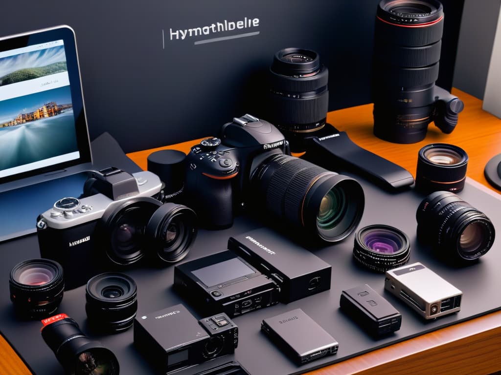  A minimalist, highresolution image of a professional photographer's equipment laid out neatly on a sleek, modern table. The gear includes a topoftheline DSLR camera with a premium lens, a compact and powerful video camera, a set of highquality lenses, a tripod, memory cards, and a sleek laptop displaying beautifully edited photos. The image conveys a sense of professionalism and preparedness for capturing the best moments in a contest setting, with a focus on precision and attention to detail. hyperrealistic, full body, detailed clothing, highly detailed, cinematic lighting, stunningly beautiful, intricate, sharp focus, f/1. 8, 85mm, (centered image composition), (professionally color graded), ((bright soft diffused light)), volumetric fog, trending on instagram, trending on tumblr, HDR 4K, 8K