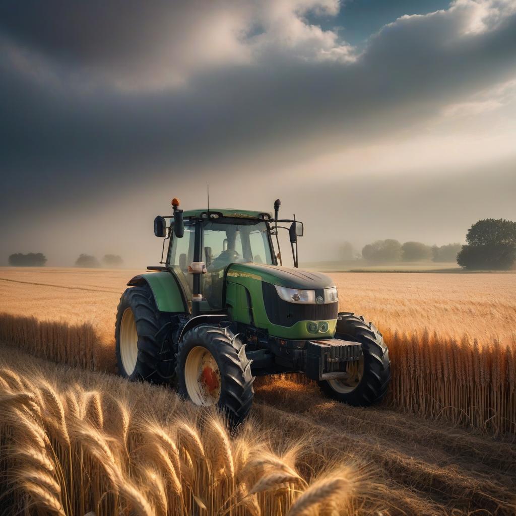  wheat and tractor hyperrealistic, full body, detailed clothing, highly detailed, cinematic lighting, stunningly beautiful, intricate, sharp focus, f/1. 8, 85mm, (centered image composition), (professionally color graded), ((bright soft diffused light)), volumetric fog, trending on instagram, trending on tumblr, HDR 4K, 8K