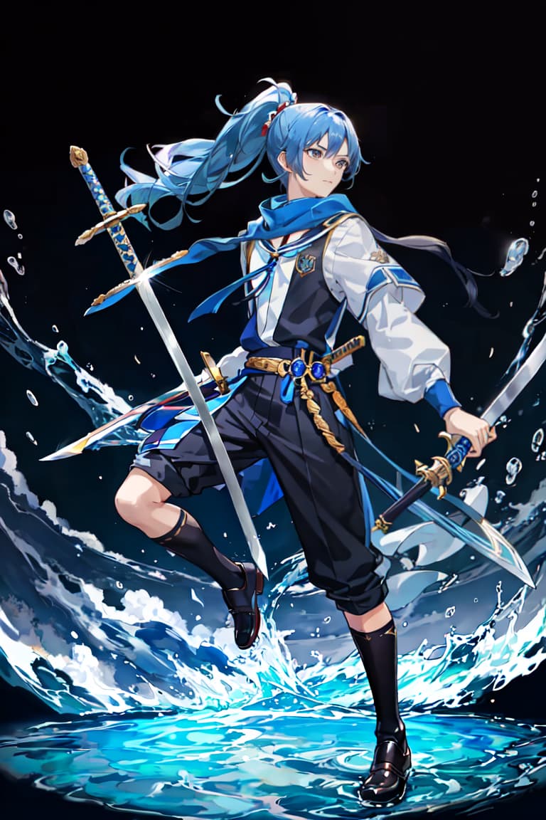  master piece , best quality,Male high school student, blue hair, ponytail, blue school run, sword