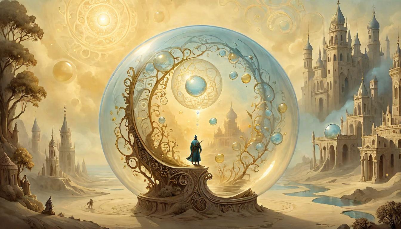  on parchment, surrealism+++, A glowing protective bubble, intricate patterns on its surface, filled with soft, golden light, safeguarding, serene(mysterious, provocative, symbolic,muted color)+++