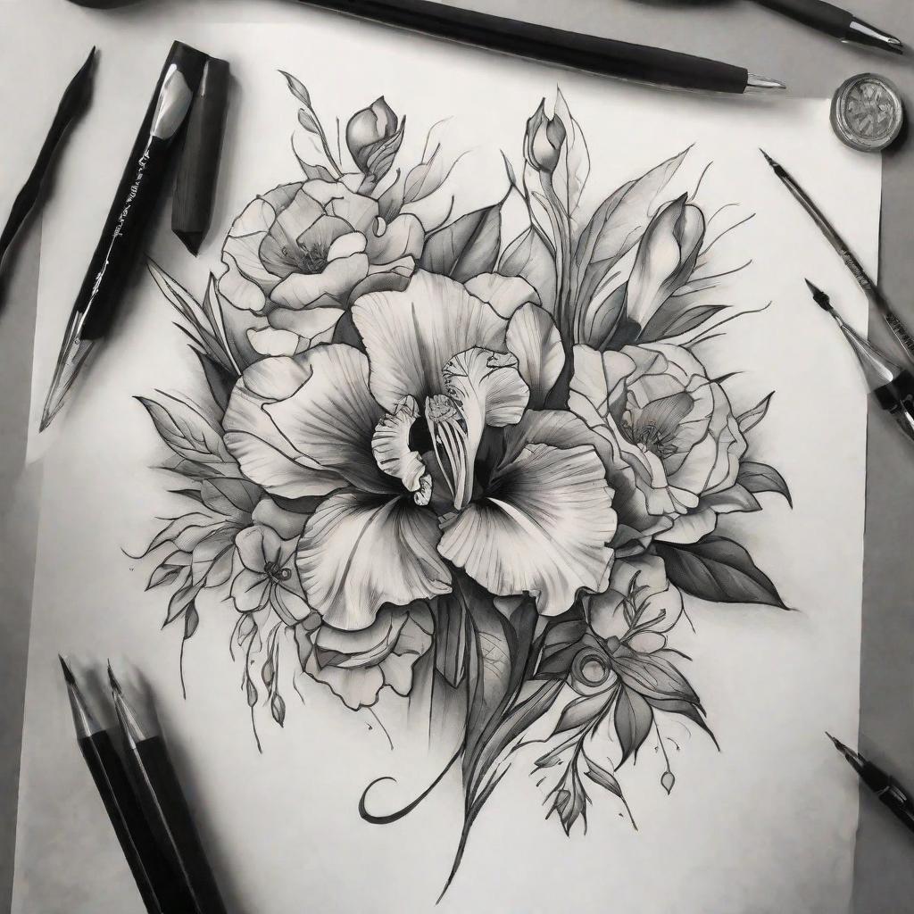  masterpiece, best quality, I am seeking a skilled and creative tattoo designer to help me create a unique and personalized tattoo design. I am interested in a design suitable for placement above the breast and under the collarbone. I am looking for a pleasing composition with flowers showing depth and interesting angles that complement specific flowers. The only flower that must be included is a bearded Iris, but the design can also incorporate additional flowers or symbols representing the following countries: England, Scotland, France, Germany, China, Saudi Arabia, Turkey, and Botswana. I am particularly interested in a super realistic black-and-white design.