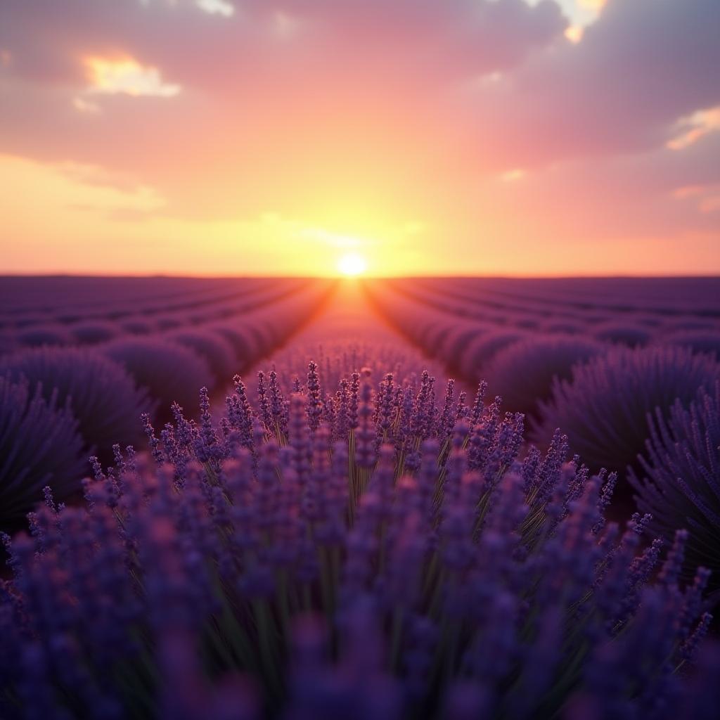  good quality, high quality, golden rays of the setting sun illuminate a lavender field, with rows of deep purple stretching towards the horizona perfect visual for calm and relaxation themes