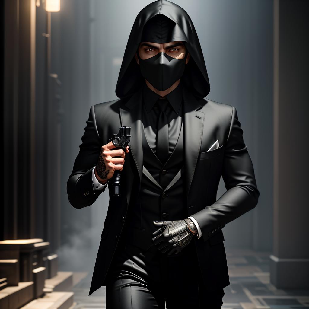  a tough guy in black suit holding a revolver towards to us wears a black mask too hyperrealistic, full body, detailed clothing, highly detailed, cinematic lighting, stunningly beautiful, intricate, sharp focus, f/1. 8, 85mm, (centered image composition), (professionally color graded), ((bright soft diffused light)), volumetric fog, trending on instagram, trending on tumblr, HDR 4K, 8K