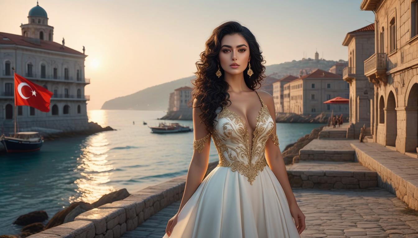  Pretty girl. Beautiful Turkish girl. long black hair. curly hair. brown eyes. white skin. gold jewelry. brown dress. near the shore of the Adriatic Sea. Turkish flags on buildings. evening. sunset.full body.neon. evening..cinematic.Ultra realistic. 3D . Epic. high detail. perfect lighting. perfect contrast. perfect composition hyperrealistic, full body, detailed clothing, highly detailed, cinematic lighting, stunningly beautiful, intricate, sharp focus, f/1. 8, 85mm, (centered image composition), (professionally color graded), ((bright soft diffused light)), volumetric fog, trending on instagram, trending on tumblr, HDR 4K, 8K