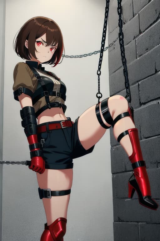  Beautiful girl, brown hair, short hair, red eyes, angry, limb restraint, restrained, hot pants, standing, shackles, shackles