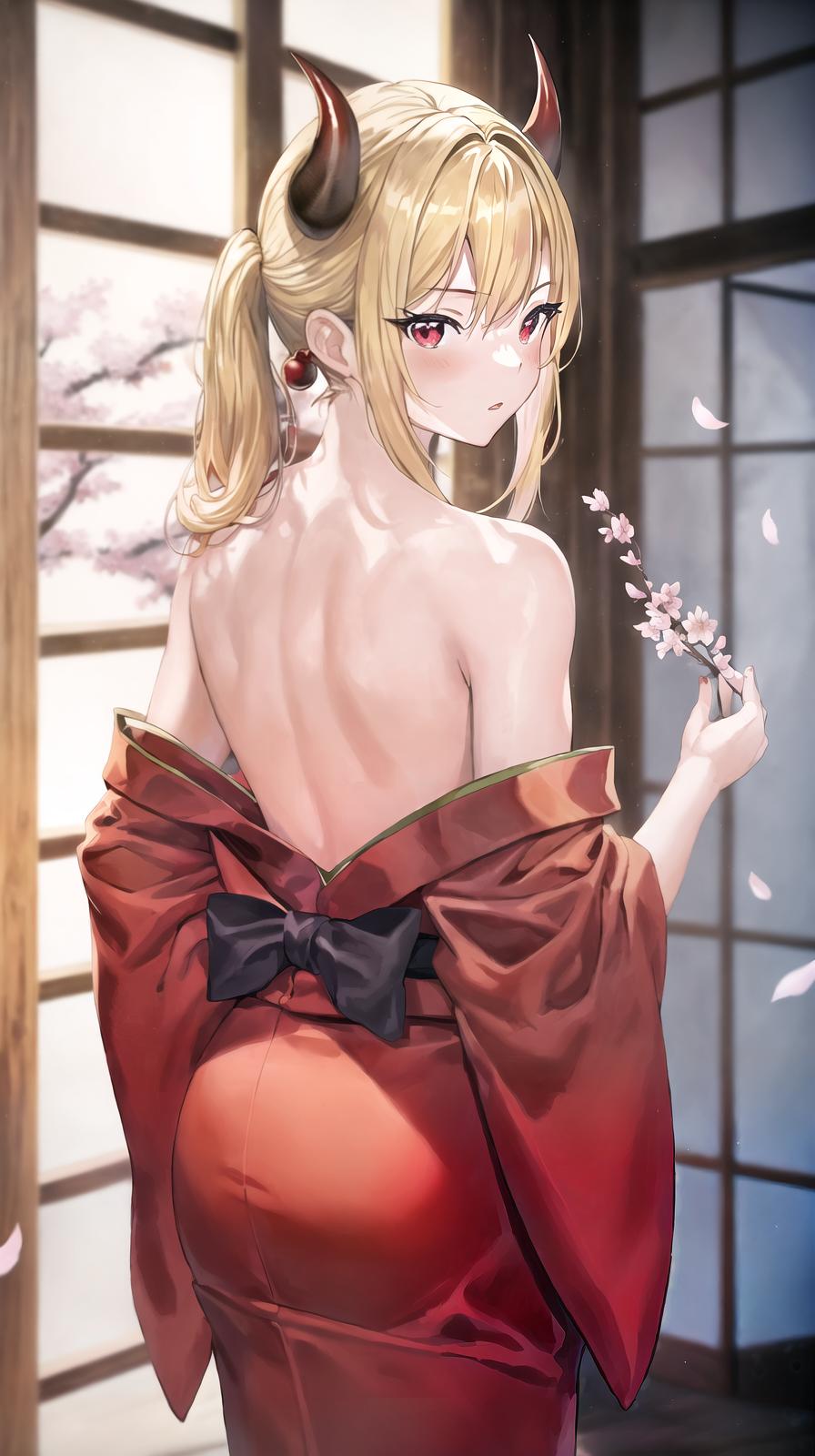  master piece , best quality,score 9, score 8 up, score 7 up, score 6 up, source anime, oni, kitagawa marin, oni horns, skin covered horns, japanese clothes, red kimono, solo, blonde hair, red eyes, cowboy shot, indoors, bare shoulders, from behind, looking back, blush, cherry blossoms, depth of field, masterpeice, best quality, very aesthetic, absurdres