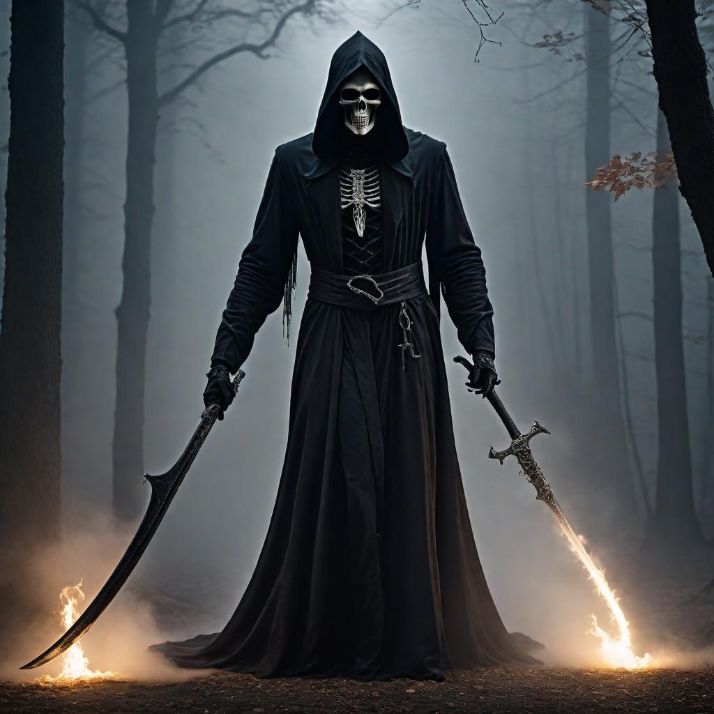  Create a realistic image of the Grim Reaper. The figure should be shrouded in a tattered, flowing black cloak with a deep hood that casts a shadow over where the face would be. In its skeletal hands, let it hold a large, old-fashioned scythe with a handle that looks like weathered wood and a blade that gleams ominously. The background should be misty and eerie, with faint, ghostly lights suggesting an otherworldly presence. The overall tone should be dark and ominous, conveying a sense of foreboding and the supernatural. hyperrealistic, full body, detailed clothing, highly detailed, cinematic lighting, stunningly beautiful, intricate, sharp focus, f/1. 8, 85mm, (centered image composition), (professionally color graded), ((bright soft diffused light)), volumetric fog, trending on instagram, trending on tumblr, HDR 4K, 8K