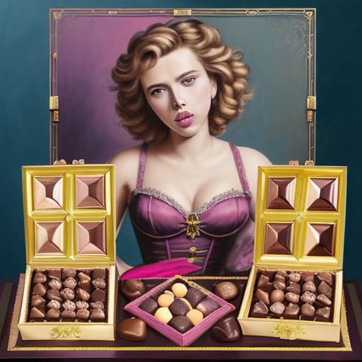  Attractive happy Scarlett Johansson (colorful desiner dress)(pink cheeks)(Baroque lighting)(Superrealism)(painted in the style of Édouard Manet)(Foreground: open box of fine dark chocolates on a small serving table)