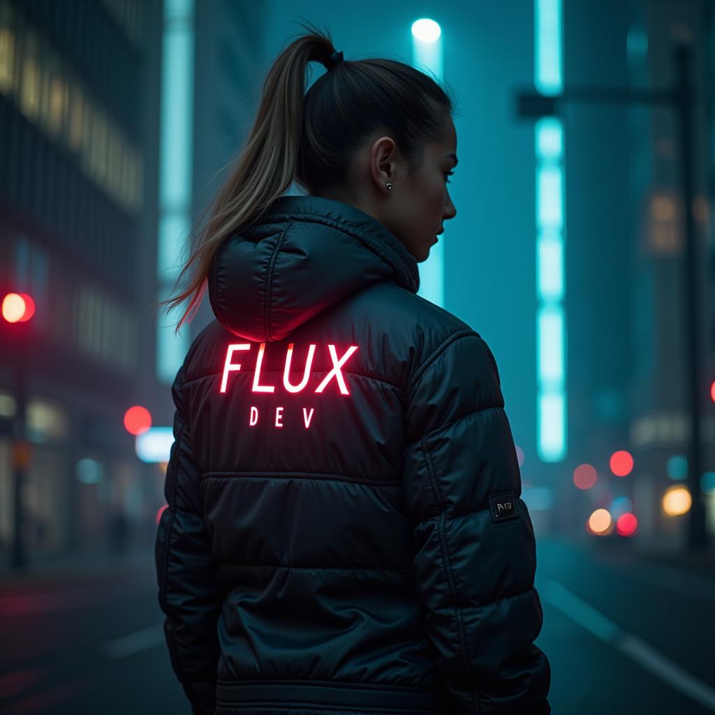  text logo of flux dev, modern, futuristic hyperrealistic, full body, detailed clothing, highly detailed, cinematic lighting, stunningly beautiful, intricate, sharp focus, f/1. 8, 85mm, (centered image composition), (professionally color graded), ((bright soft diffused light)), volumetric fog, trending on instagram, trending on tumblr, HDR 4K, 8K