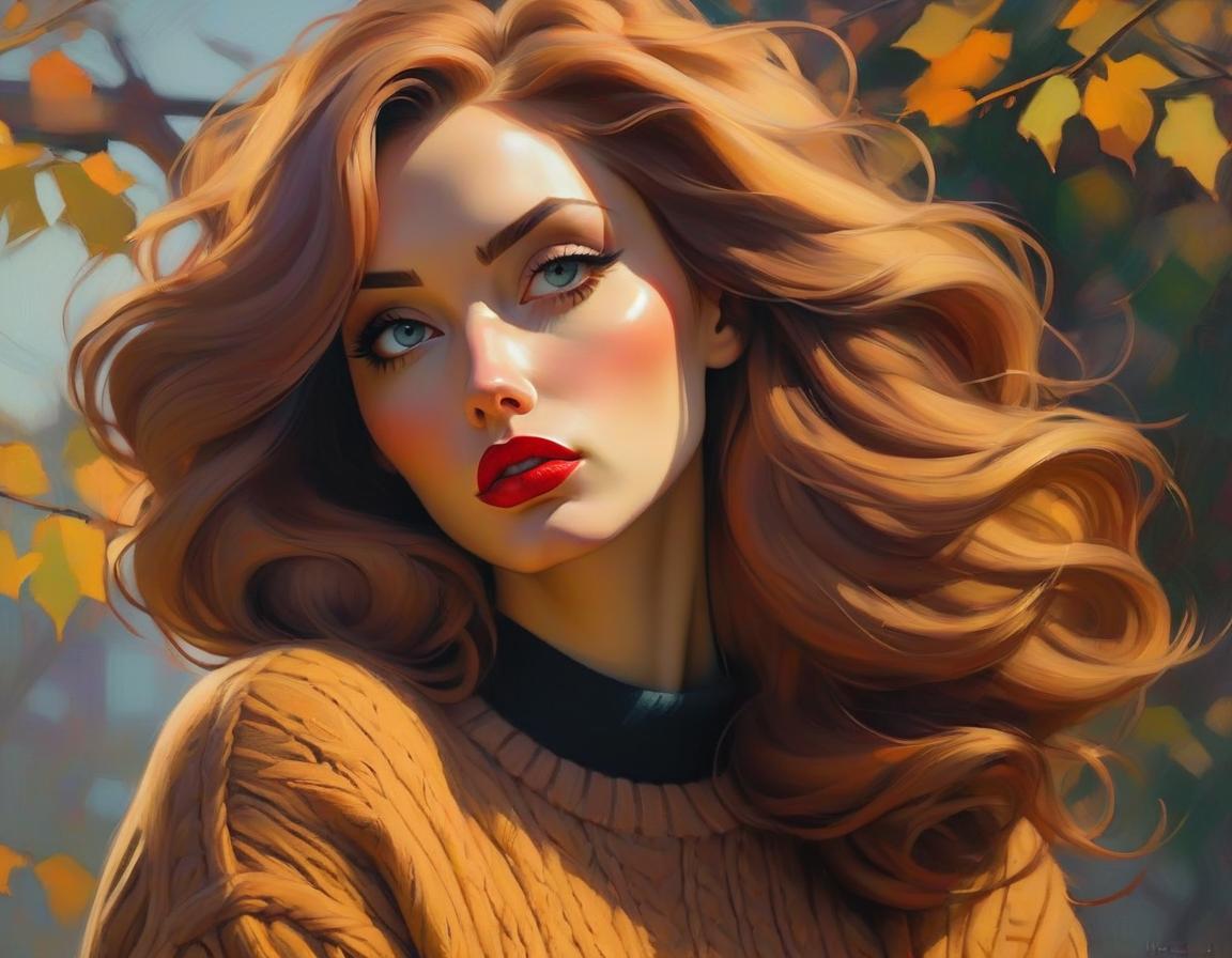  Sweater girl. Oil painting by Malcolm Liepke. autumn colors, cozy oversized sweater, flowing hair, intricate details, rich textures, masterful use of light and shadow, contemporary art hyperrealistic, full body, detailed clothing, highly detailed, cinematic lighting, stunningly beautiful, intricate, sharp focus, f/1. 8, 85mm, (centered image composition), (professionally color graded), ((bright soft diffused light)), volumetric fog, trending on instagram, trending on tumblr, HDR 4K, 8K