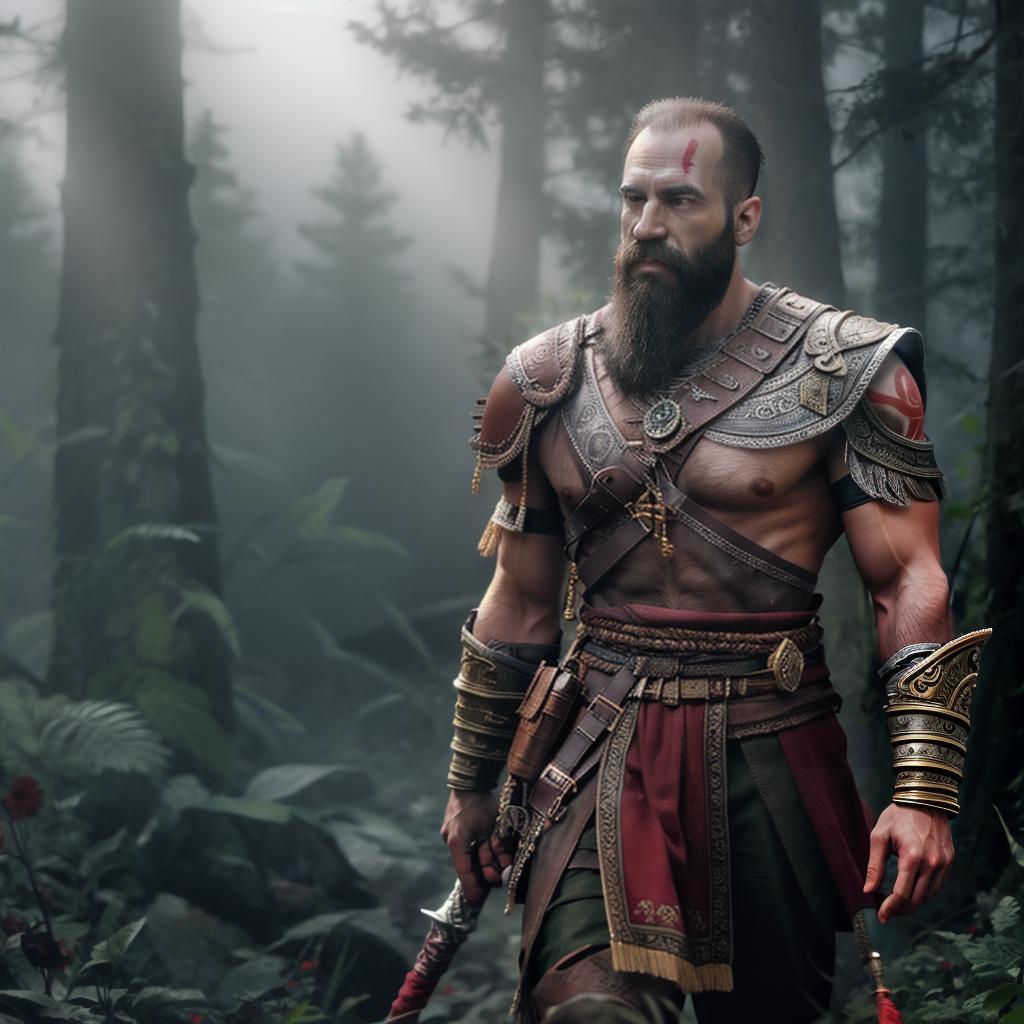  God of war hyperrealistic, full body, detailed clothing, highly detailed, cinematic lighting, stunningly beautiful, intricate, sharp focus, f/1. 8, 85mm, (centered image composition), (professionally color graded), ((bright soft diffused light)), volumetric fog, trending on instagram, trending on tumblr, HDR 4K, 8K