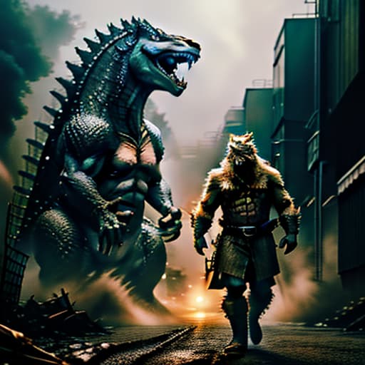  Godzilla and lion and crocodile in riverside hyperrealistic, full body, detailed clothing, highly detailed, cinematic lighting, stunningly beautiful, intricate, sharp focus, f/1. 8, 85mm, (centered image composition), (professionally color graded), ((bright soft diffused light)), volumetric fog, trending on instagram, trending on tumblr, HDR 4K, 8K