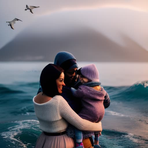  several women stand aground in the ocean on the same line and hold babies in their arms, top view hyperrealistic, full body, detailed clothing, highly detailed, cinematic lighting, stunningly beautiful, intricate, sharp focus, f/1. 8, 85mm, (centered image composition), (professionally color graded), ((bright soft diffused light)), volumetric fog, trending on instagram, trending on tumblr, HDR 4K, 8K