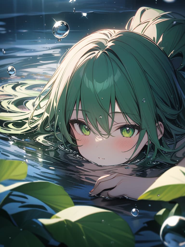  A green hair character is reflected in the water drops, masterpiece, best quality,8k,ultra detailed,high resolution,an extremely delicate and beautiful,hyper detail